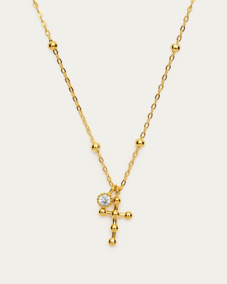 Gold Beaded Cross Pendant Sterling Silver Necklace