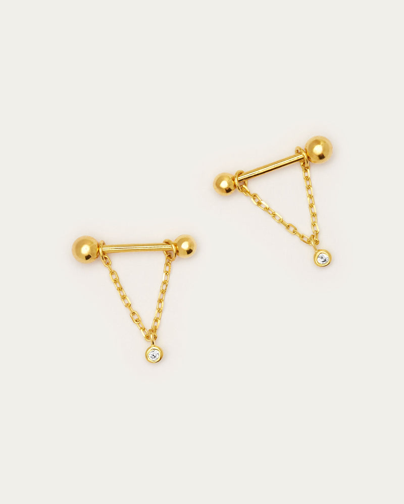 Gold Bar Chain Stud Sterling Silver Earrings