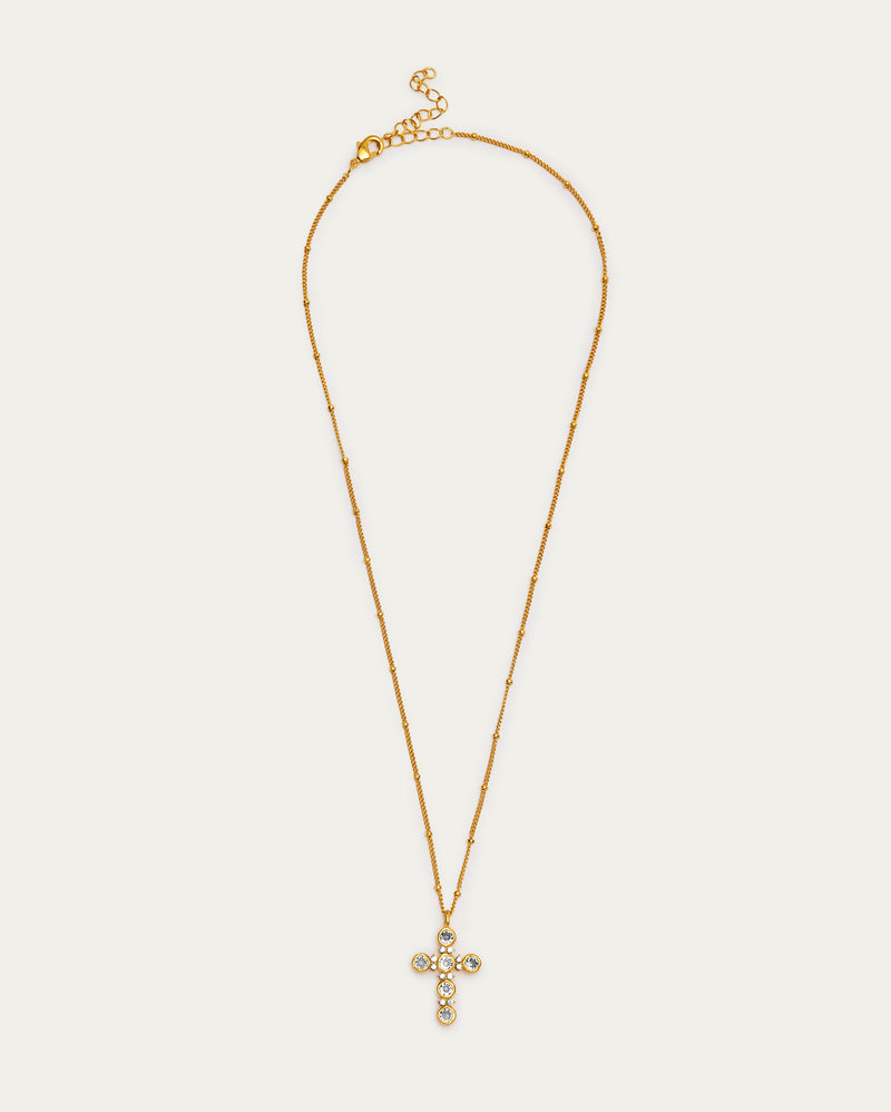 Gold Beaded Crystal Cross Necklace