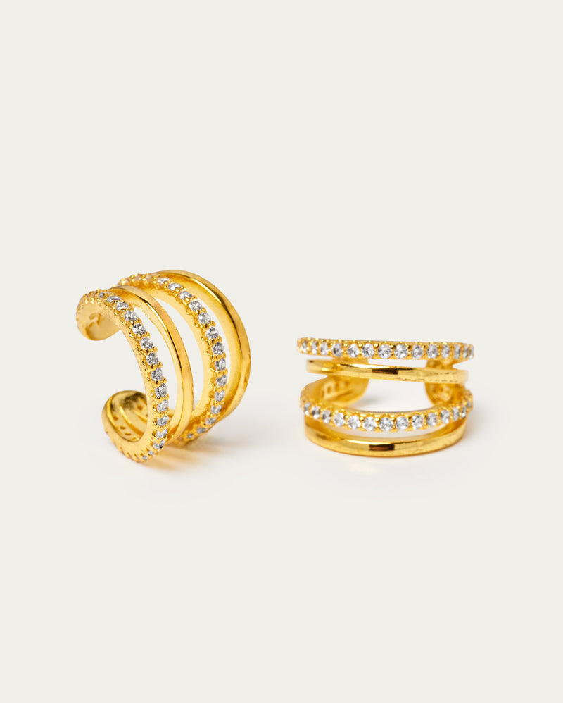 Gold Four Ridge Sparkle Ear Cuff Sterling Silver Earrings