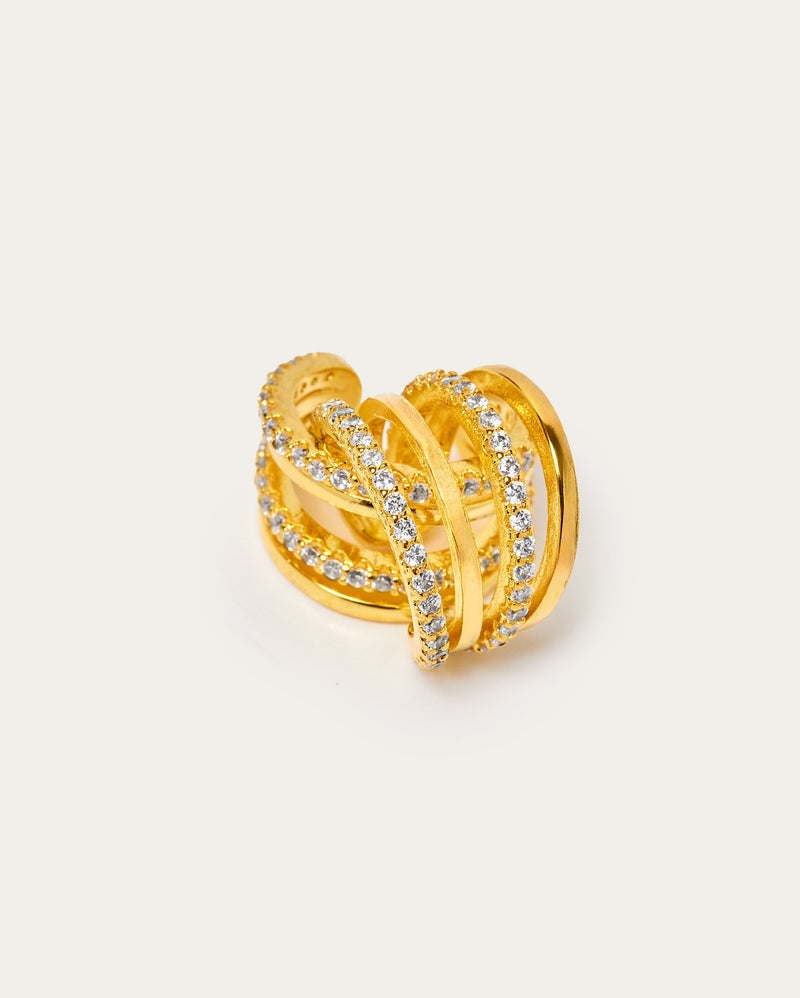 Gold Four Ridge Sparkle Ear Cuff Sterling Silver Earrings