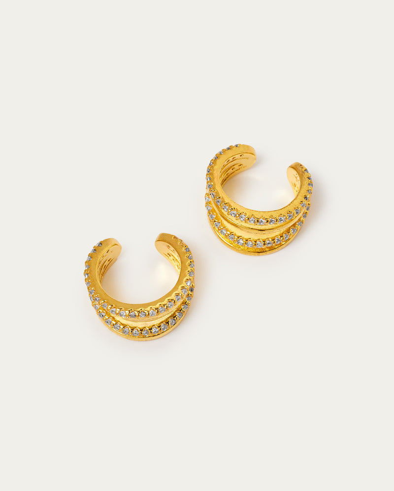 Gold Four Ridge Sparkle Ear Cuff Sterling Silver Earrings