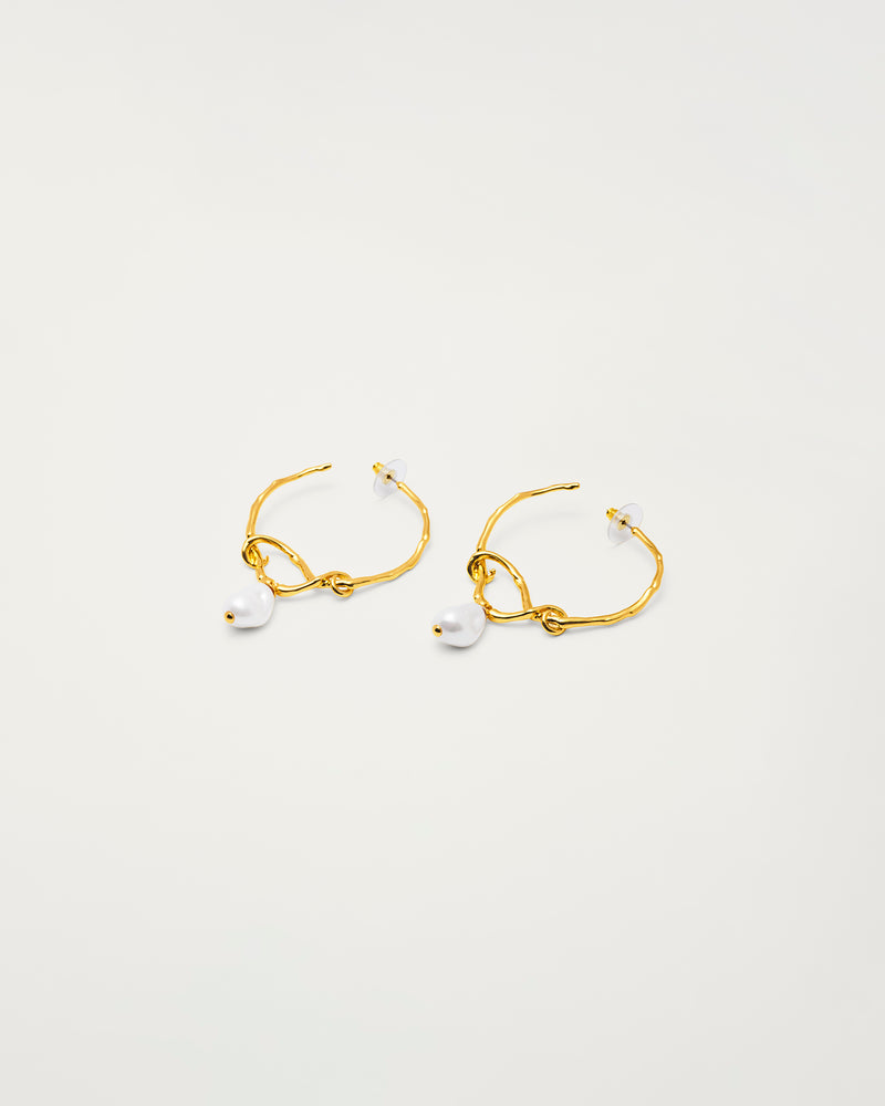 Gold Freshwater Pearl Organic Hoop Earrings