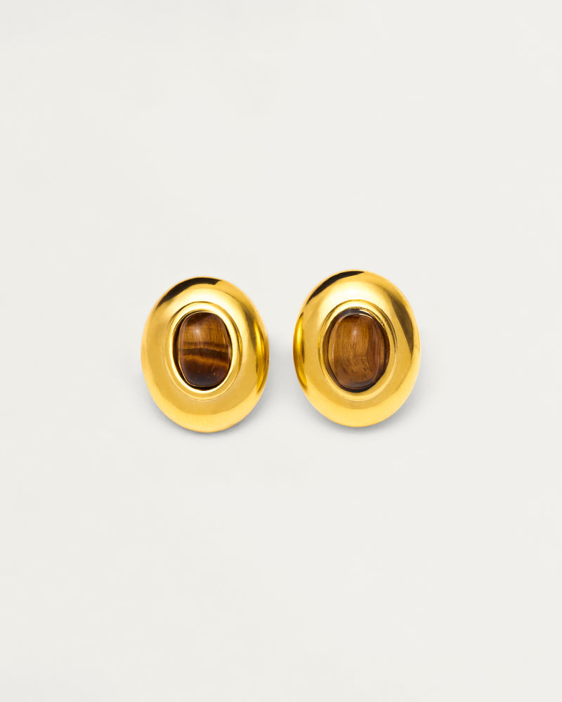 Gold Tiger Eye Oval Stud Earrings