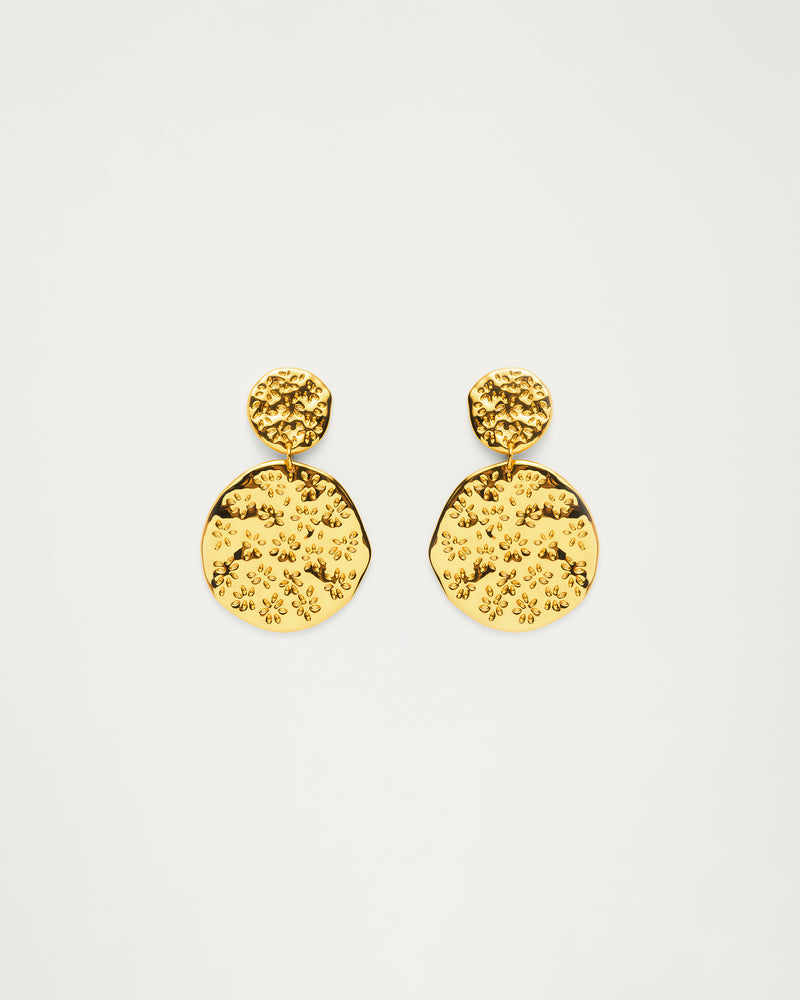 Gold Textured Disc Drop Earrings