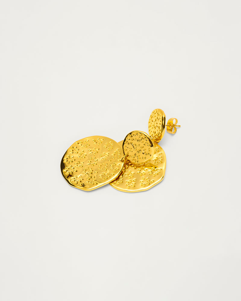 Gold Textured Disc Drop Earrings
