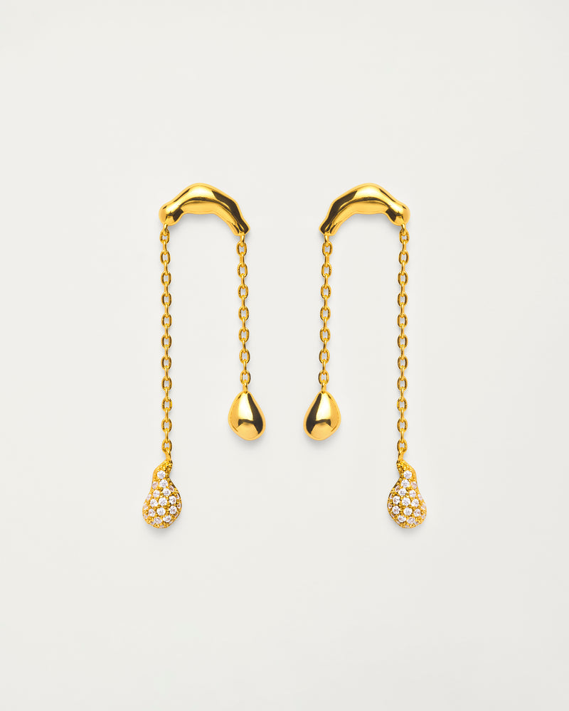 Gold Crystal Molten Teardrop Chain Drop Earrings