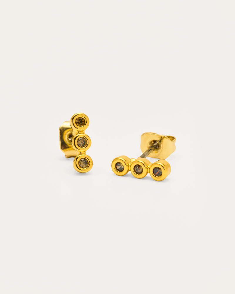 Gold Triple Brown Crystal Petite Stud Earrings