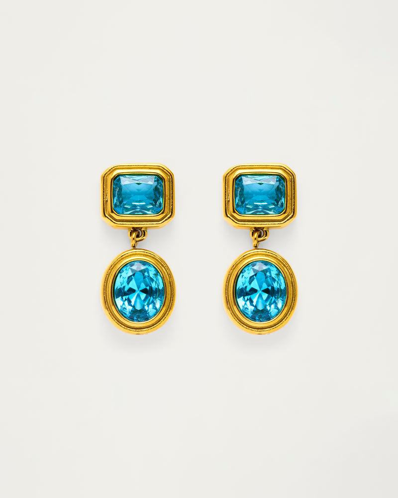 Gold Blue Crystal Double Drop Earrings