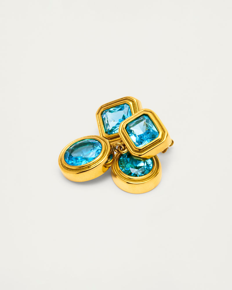 Gold Blue Crystal Double Drop Earrings