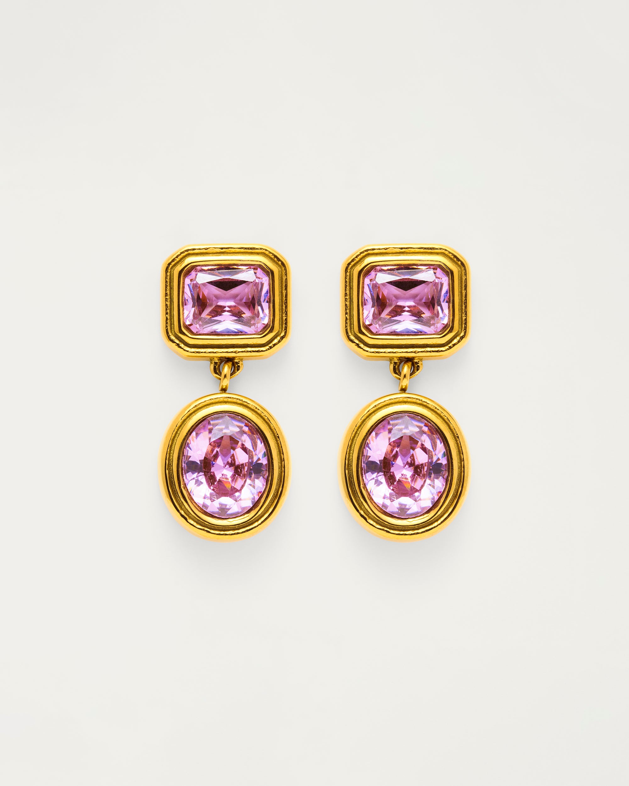 Gold Pink Crystal Double Drop Earrings