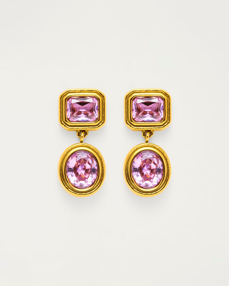 Gold Pink Crystal Double Drop Earrings