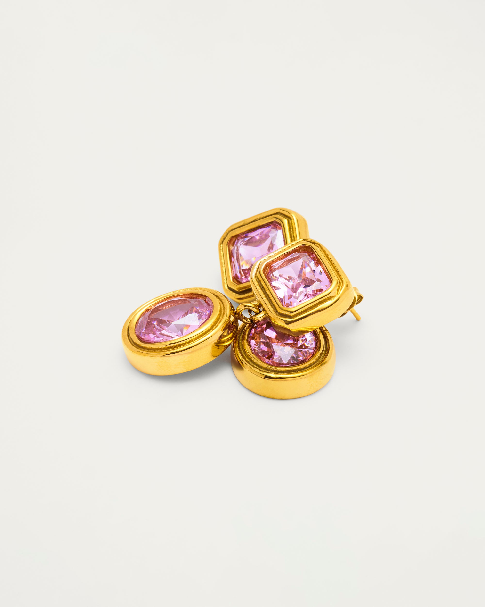 Gold Pink Crystal Double Drop Earrings