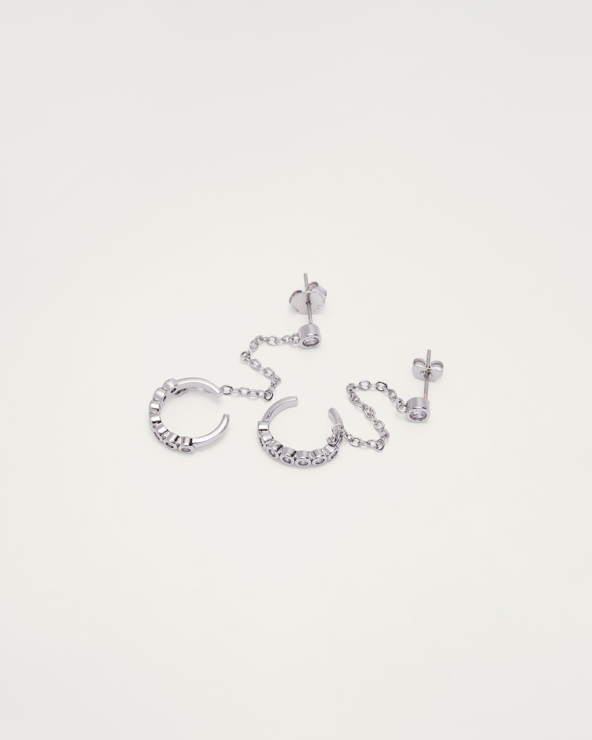 Silver Crystal Chain Ear Cuff Stud Earrings