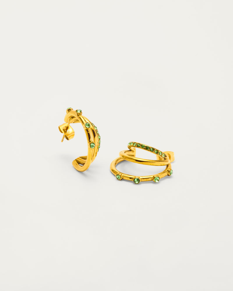 Gold Green Crystal Triple Hoop Earrings
