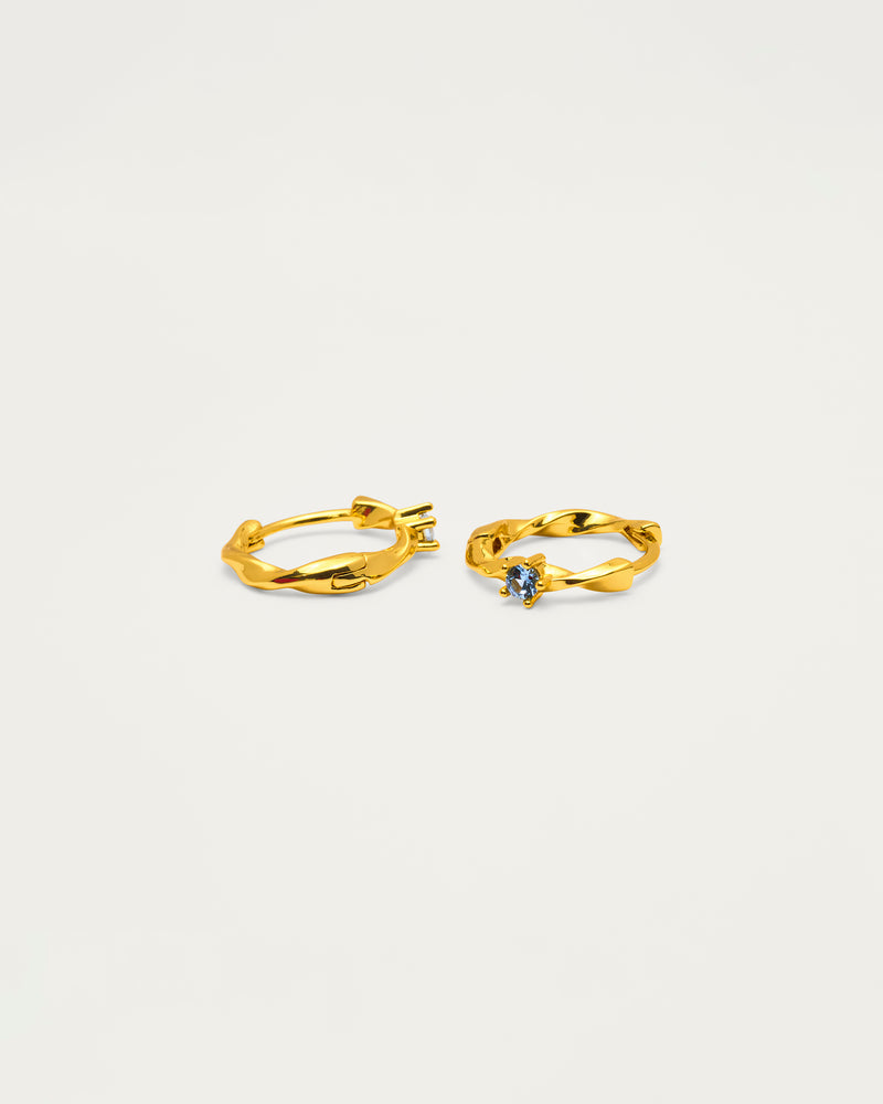 Gold Twisted Dark Blue Crystal Mini Huggie Hoop Earrings