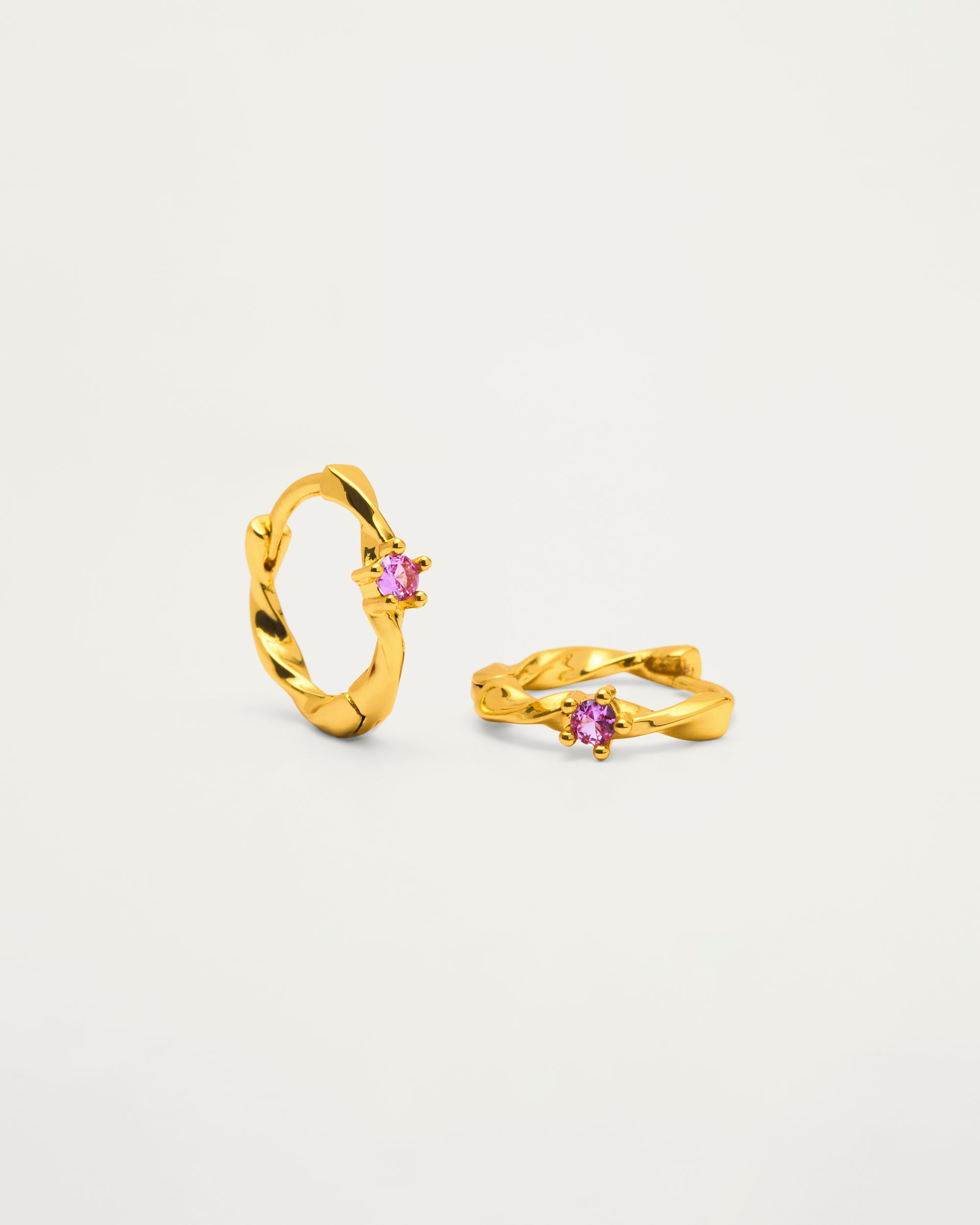 Gold Twisted Pink Crystal Mini Huggie Hoop Earrings