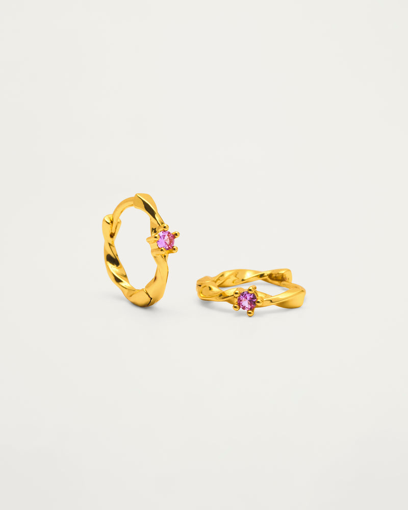Gold Twisted Pink Crystal Mini Huggie Hoop Earrings