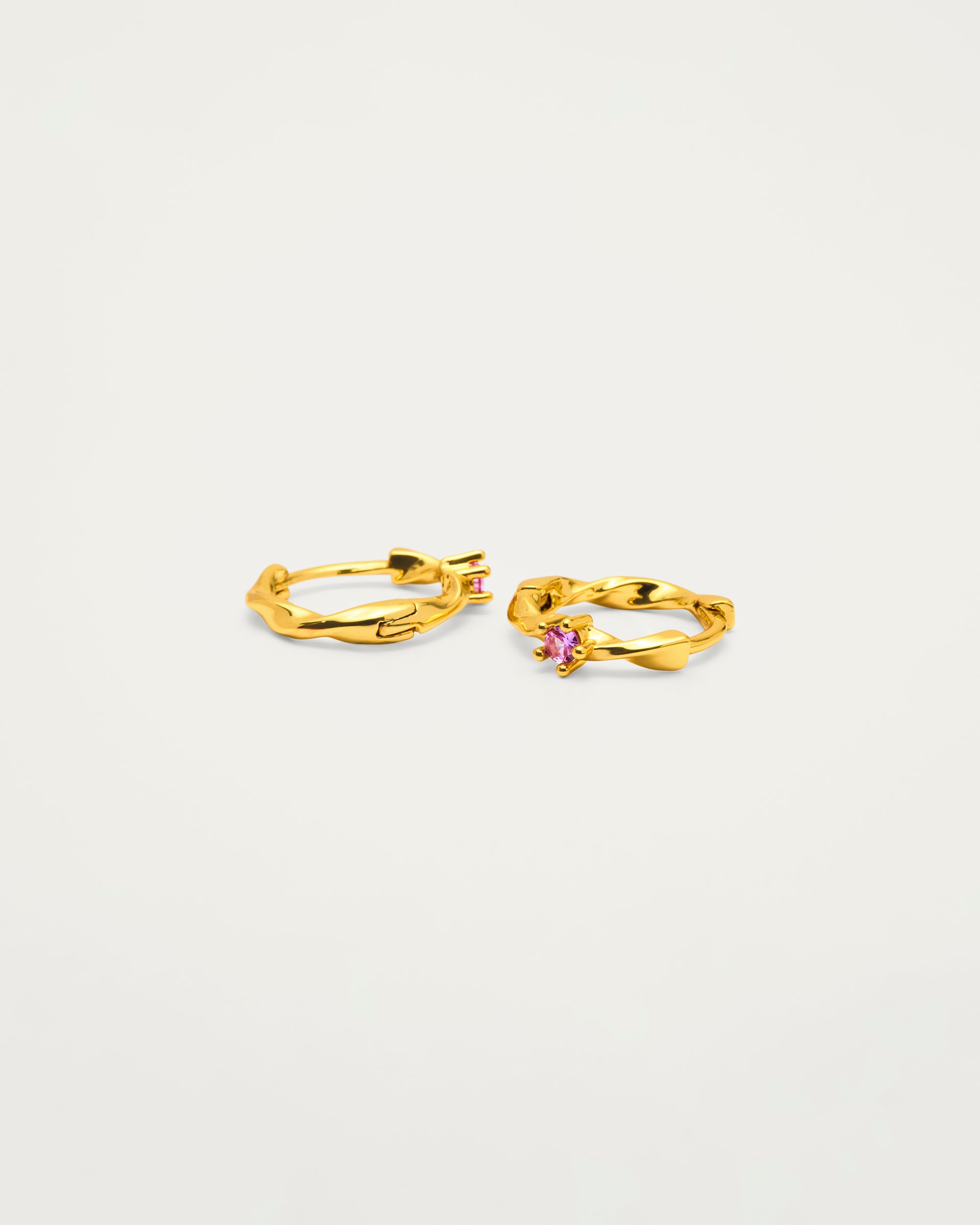 Gold Twisted Pink Crystal Mini Huggie Hoop Earrings