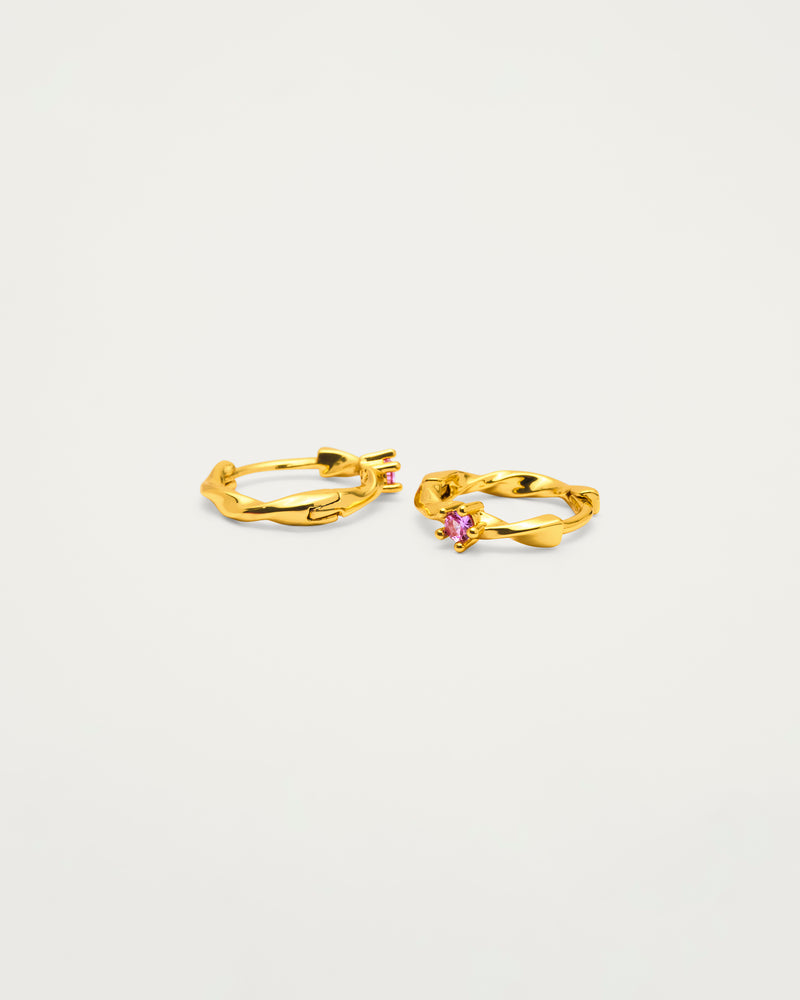 Gold Twisted Pink Crystal Mini Huggie Hoop Earrings