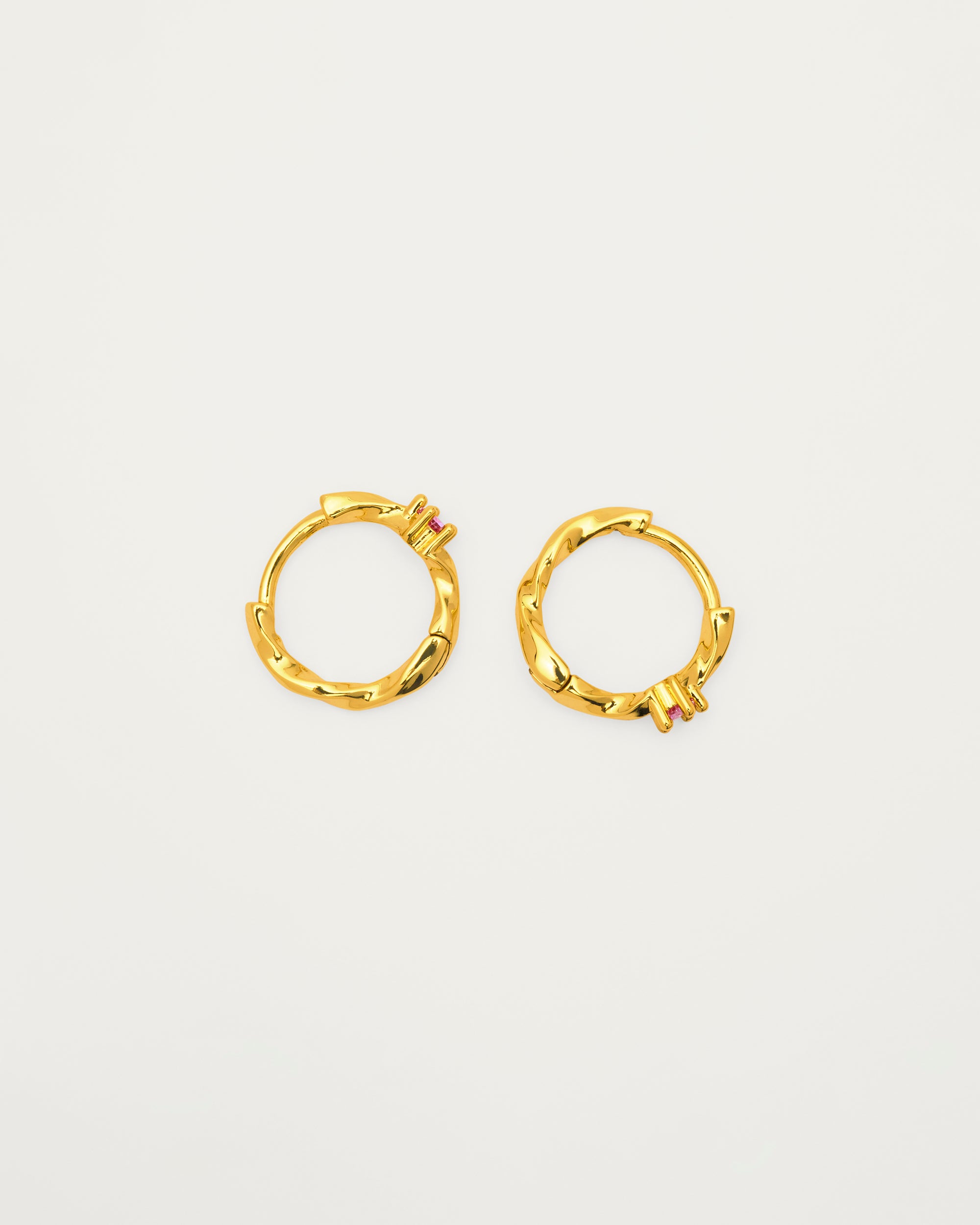 Gold Twisted Pink Crystal Mini Huggie Hoop Earrings