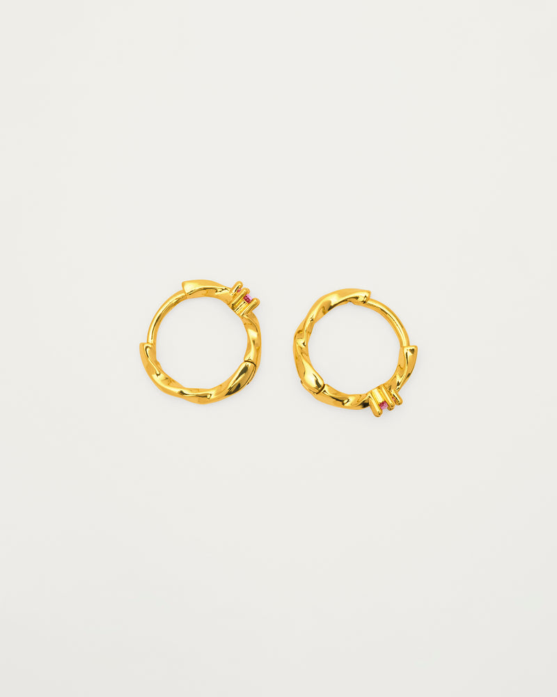 Gold Twisted Pink Crystal Mini Huggie Hoop Earrings