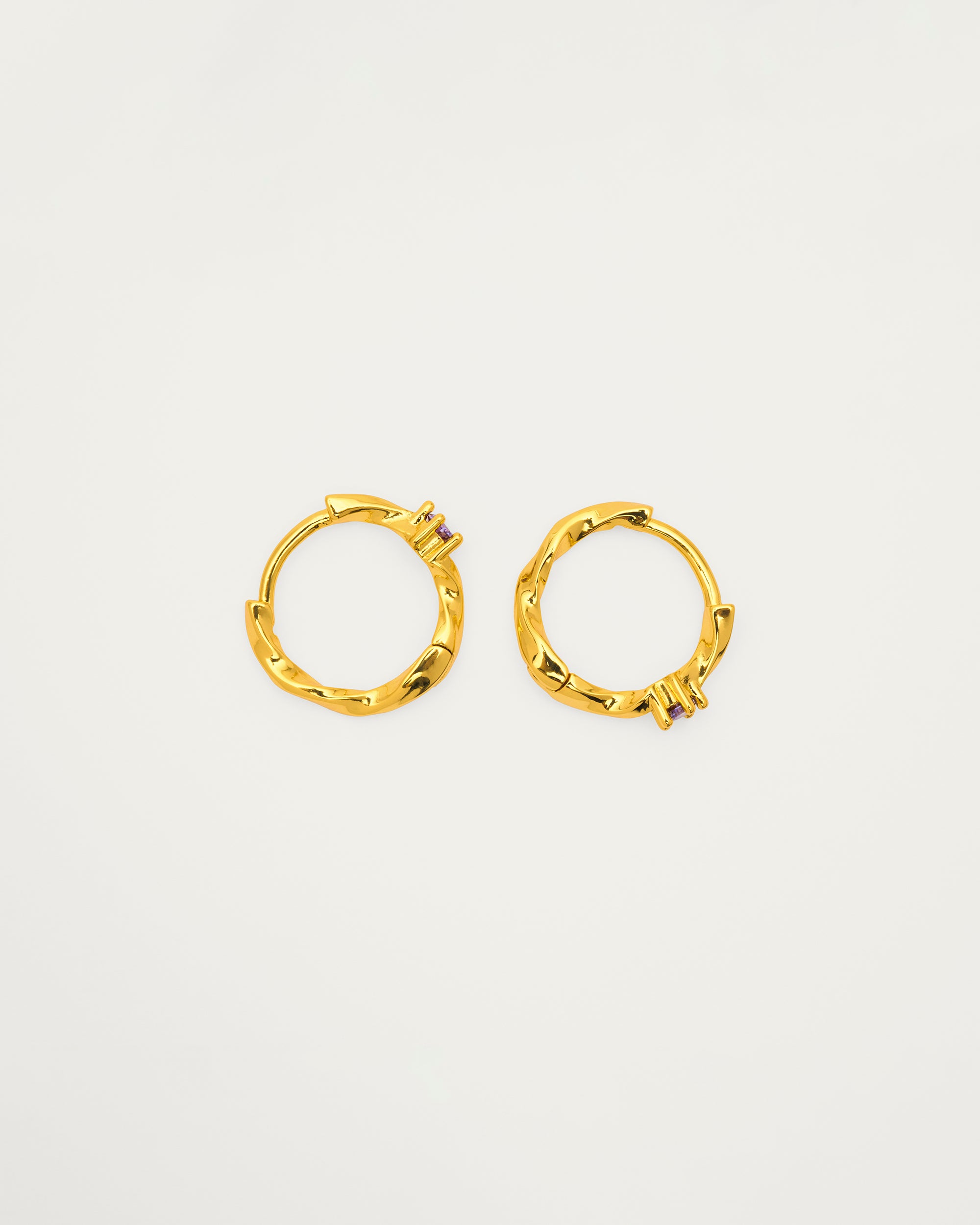 Gold Twisted Purple Crystal Mini Huggie Hoop Earrings