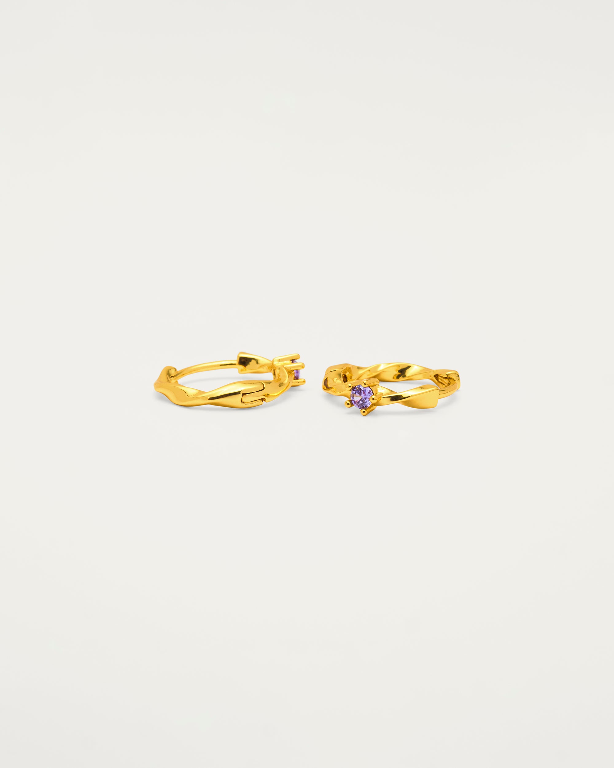 Gold Twisted Purple Crystal Mini Huggie Hoop Earrings
