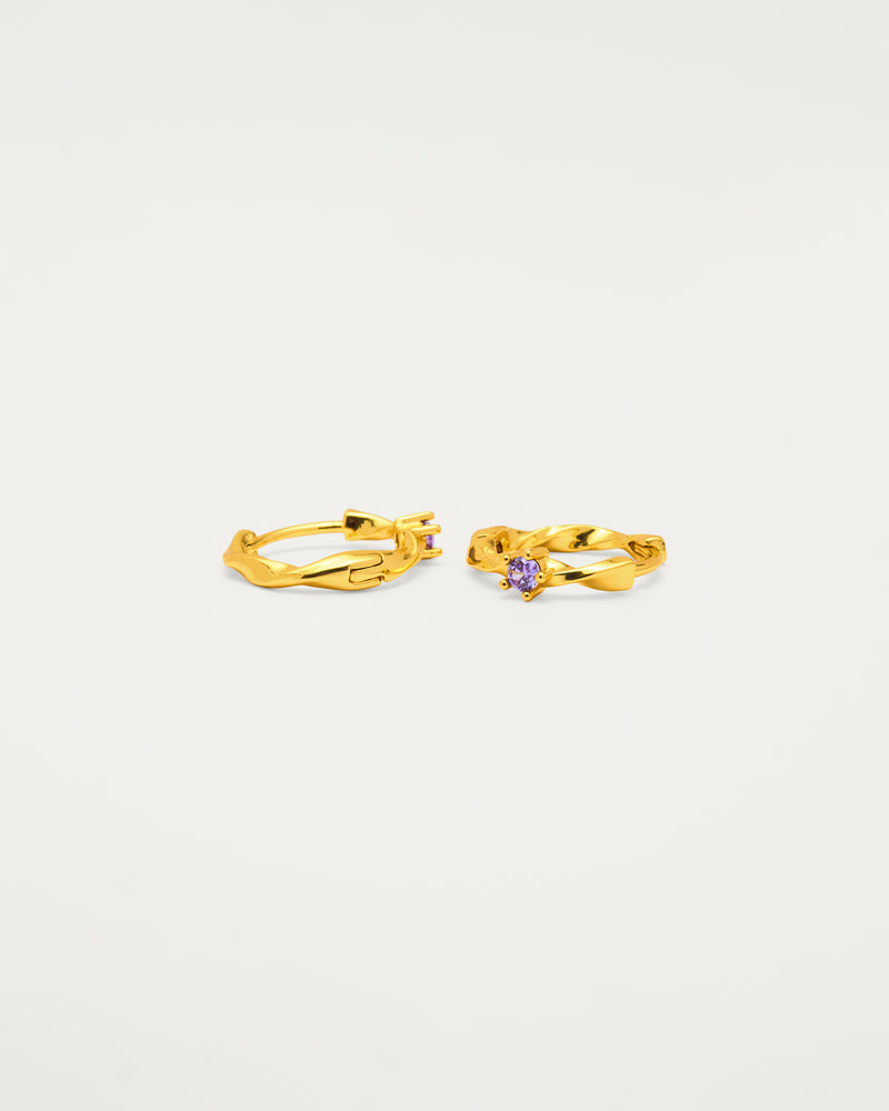 Gold Twisted Purple Crystal Mini Huggie Hoop Earrings