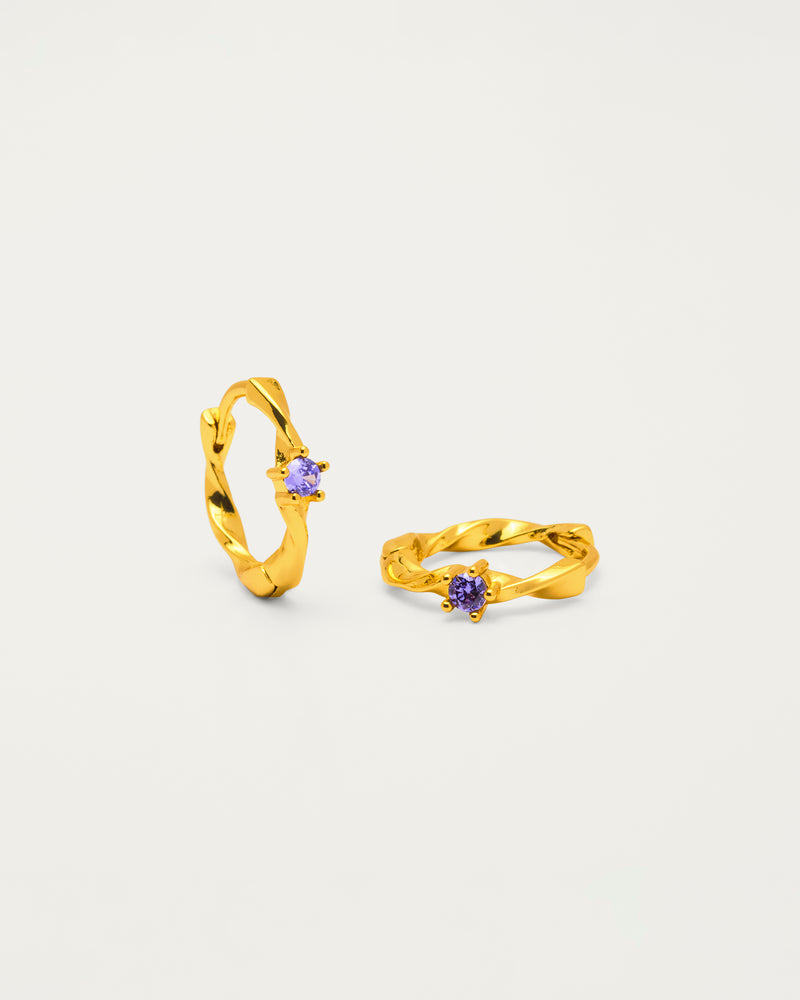 Gold Twisted Purple Crystal Mini Huggie Hoop Earrings