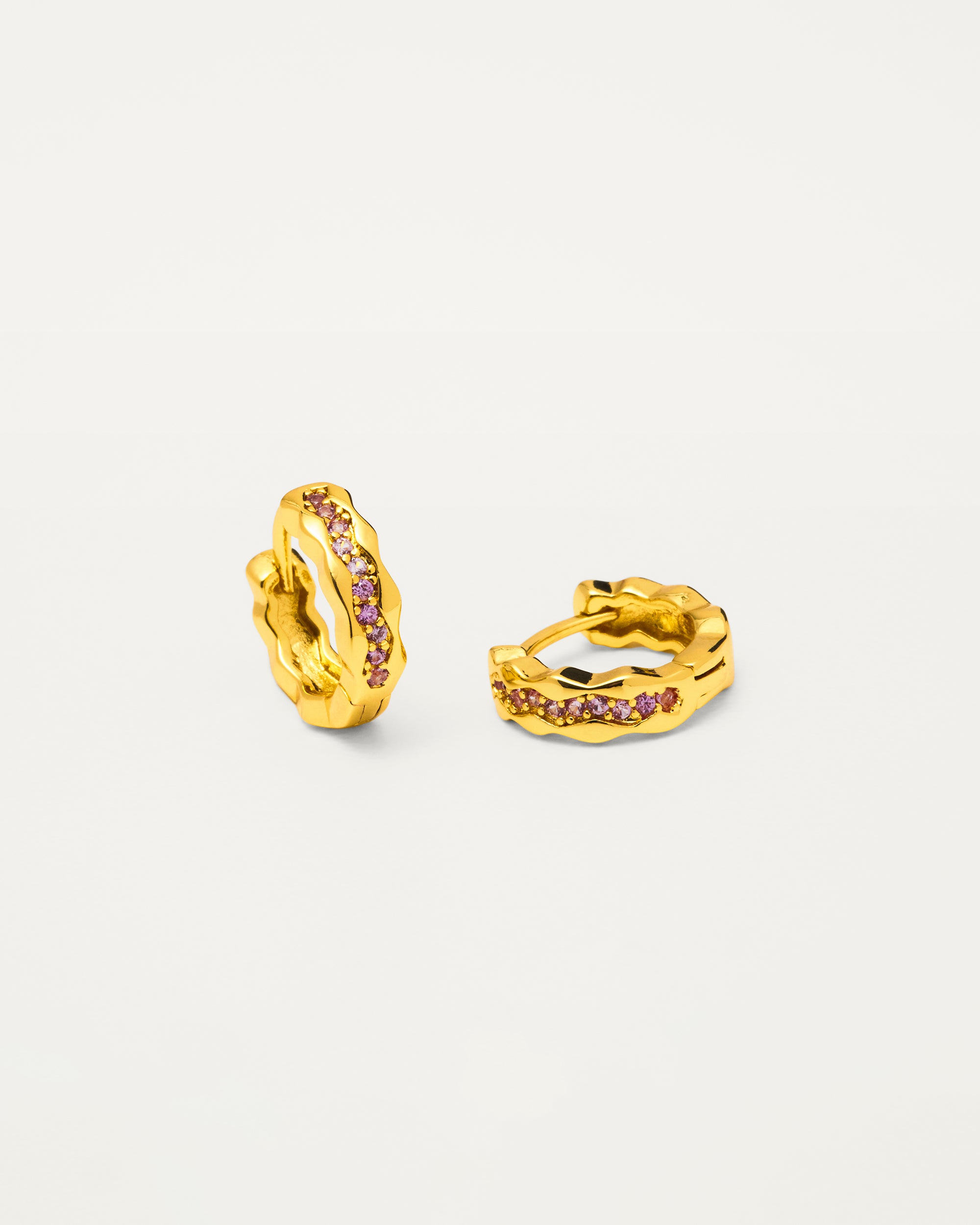 Gold Pink Crystal Wave Huggie Hoop Earrings