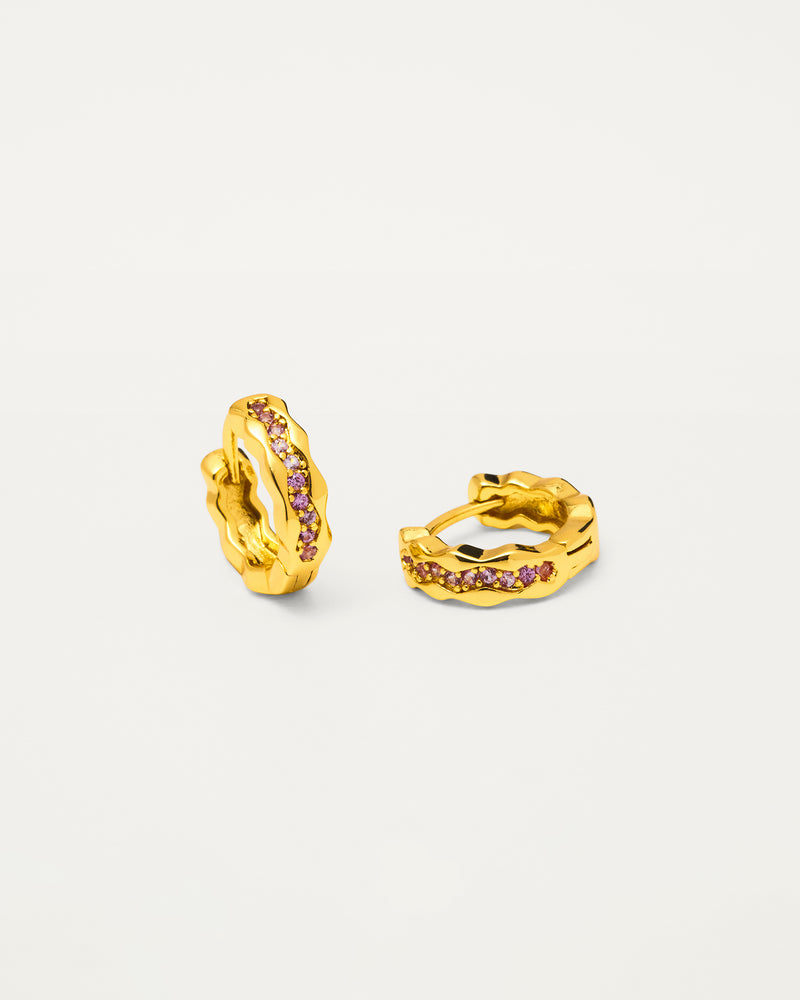 Gold Pink Crystal Wave Huggie Hoop Earrings