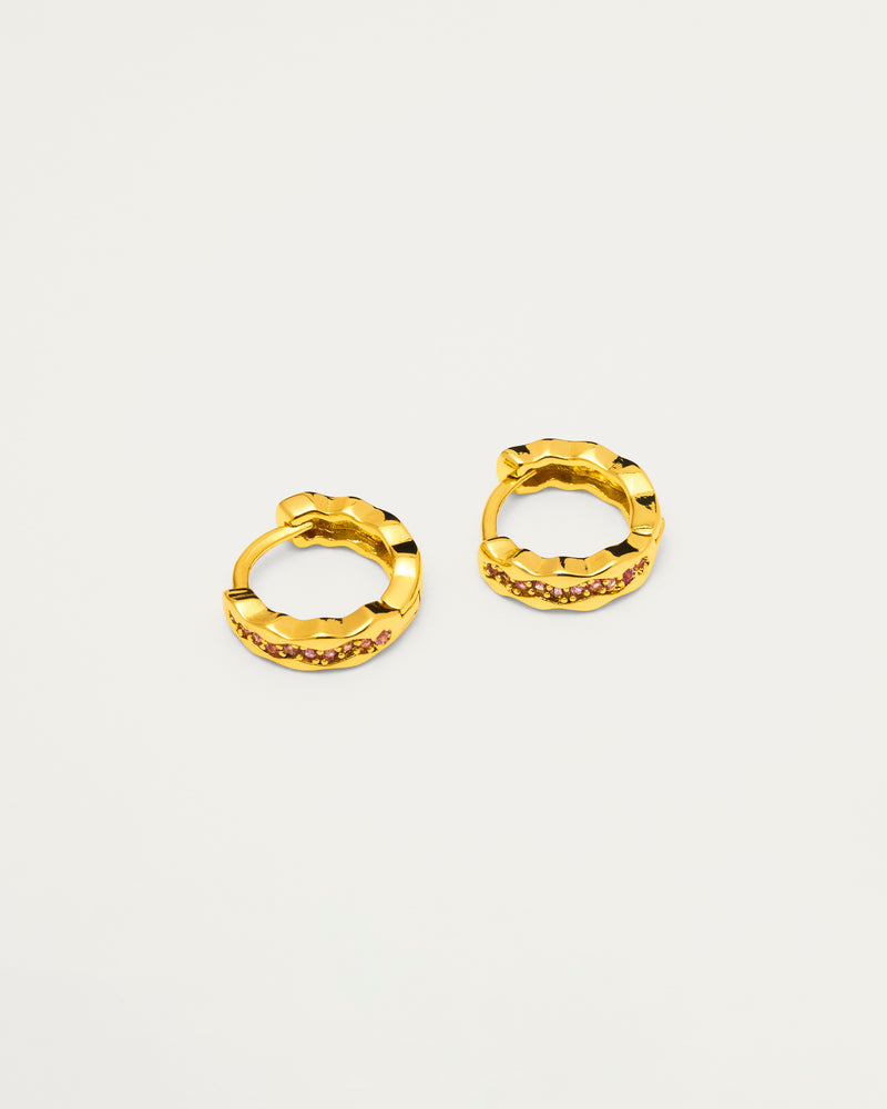Gold Pink Crystal Wave Huggie Hoop Earrings
