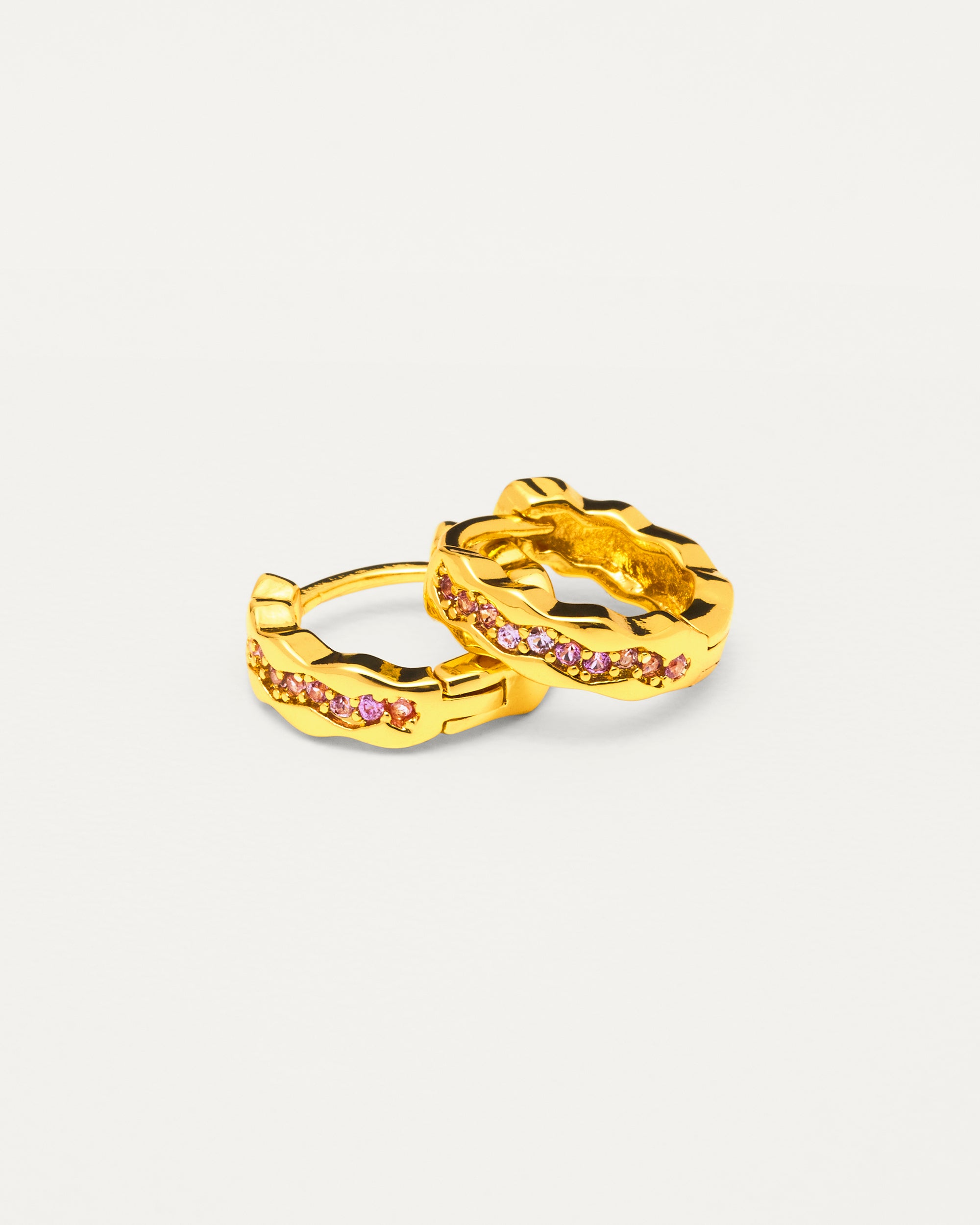 Gold Pink Crystal Wave Huggie Hoop Earrings