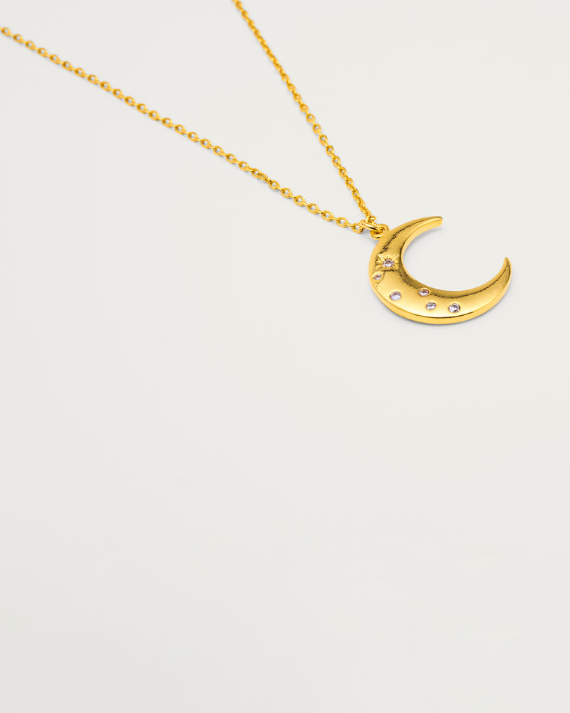 Gold Scattered Crystal Crescent Moon Pendant Necklace