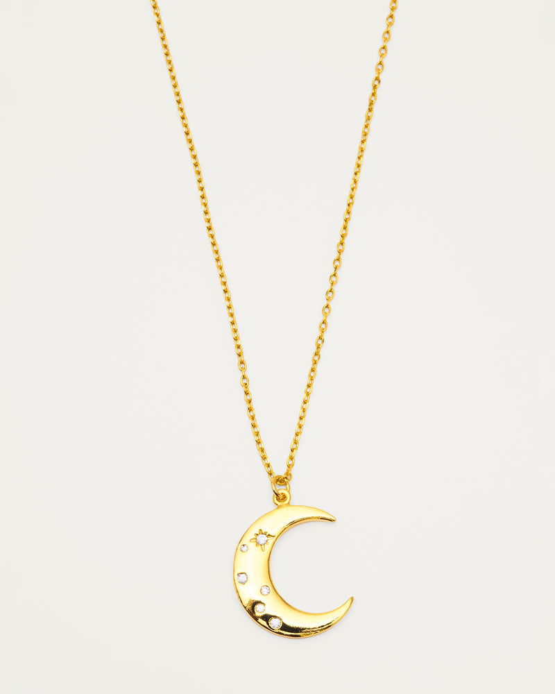 Gold Scattered Crystal Crescent Moon Pendant Necklace