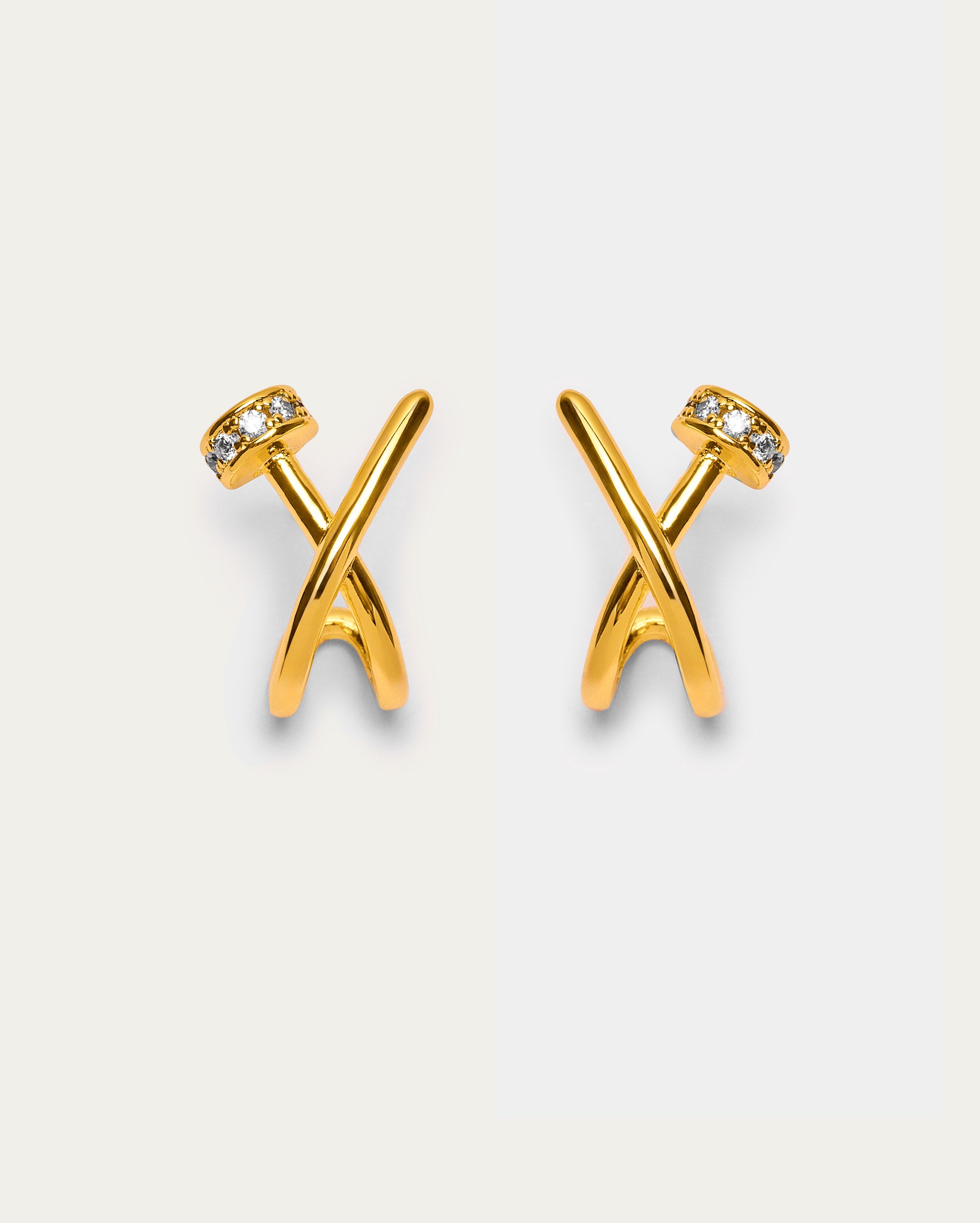 Gold Crossover Stud Earrings with Crystal Accents