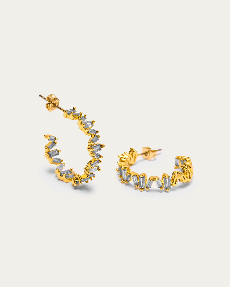 Gold Aquamarine Baguette Hoop Earrings