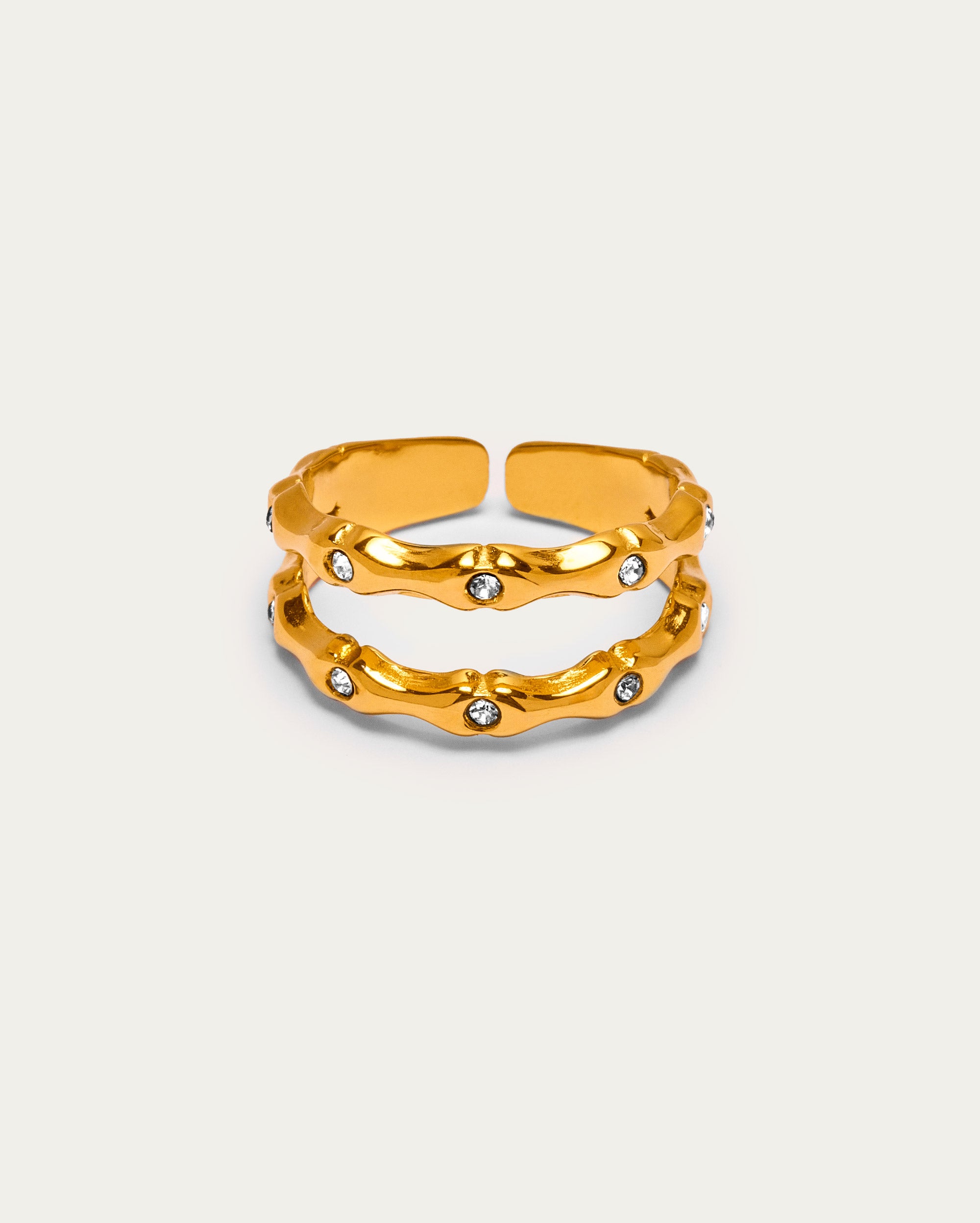 Gold Molten Double Band Scattered Crystal Open Ring