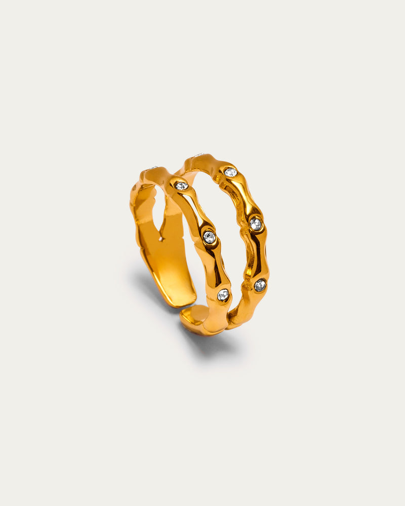 Gold Molten Double Band Scattered Crystal Open Ring
