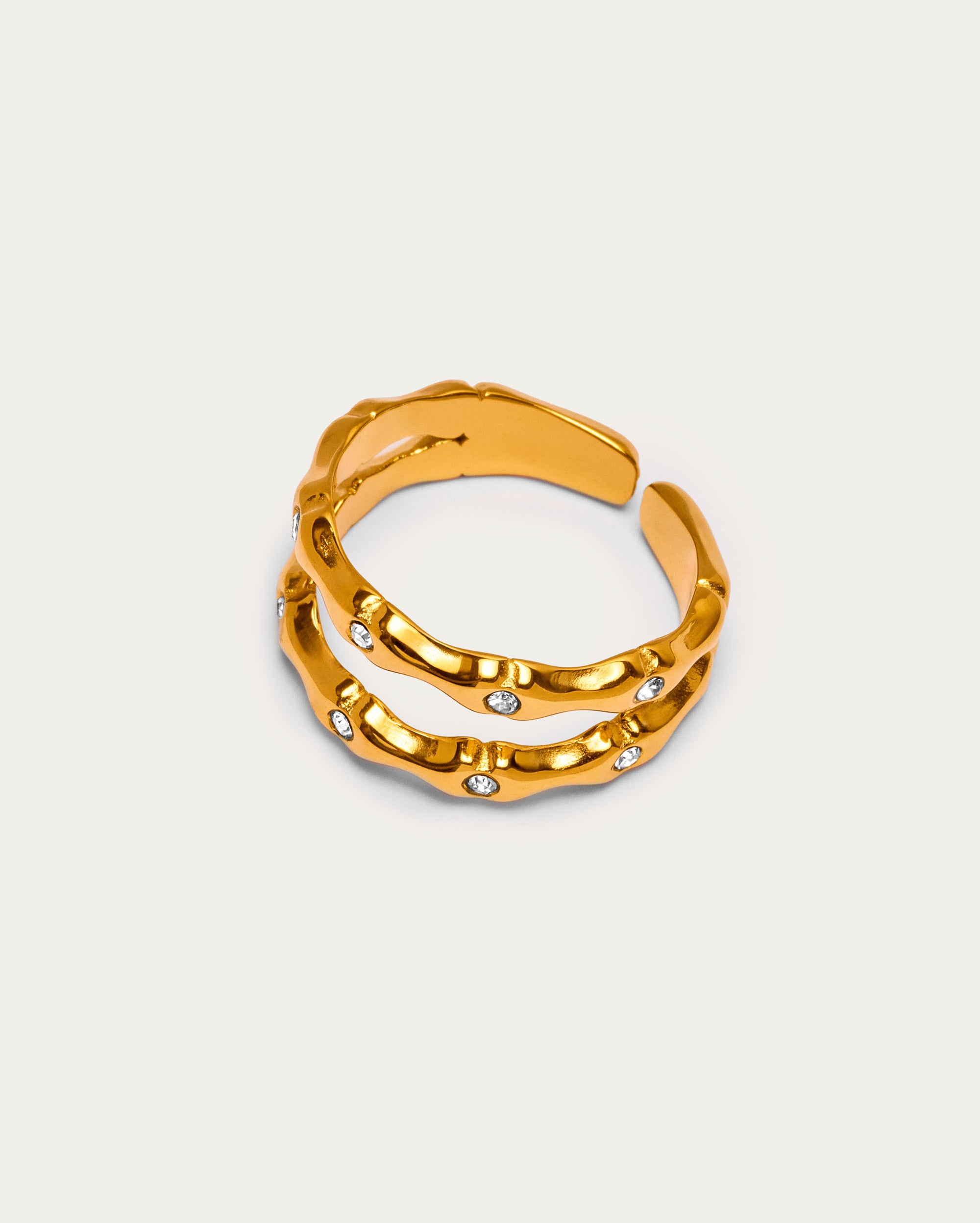 Gold Molten Double Band Scattered Crystal Open Ring