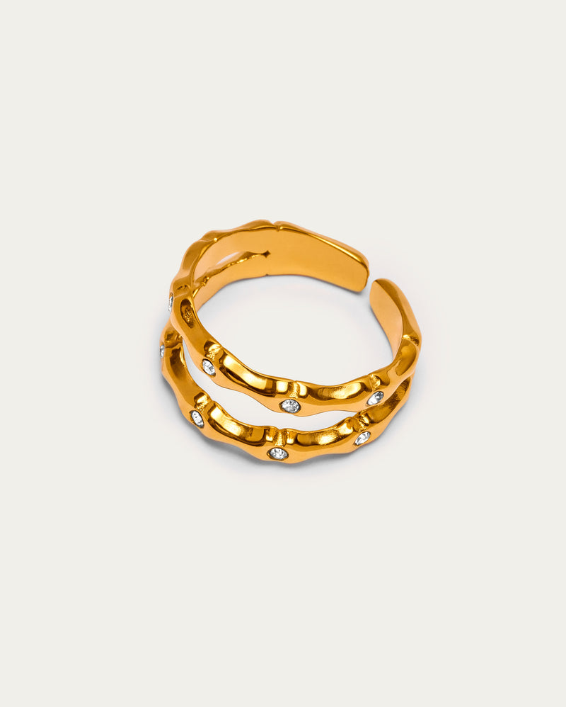 Gold Molten Double Band Scattered Crystal Open Ring