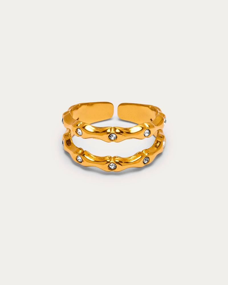 Gold Molten Double Band Scattered Crystal Open Ring